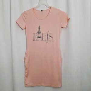 3R Fashion Comfy Cotton T-Shirt Pink Dress L w Metallic Embellishment, Pockets